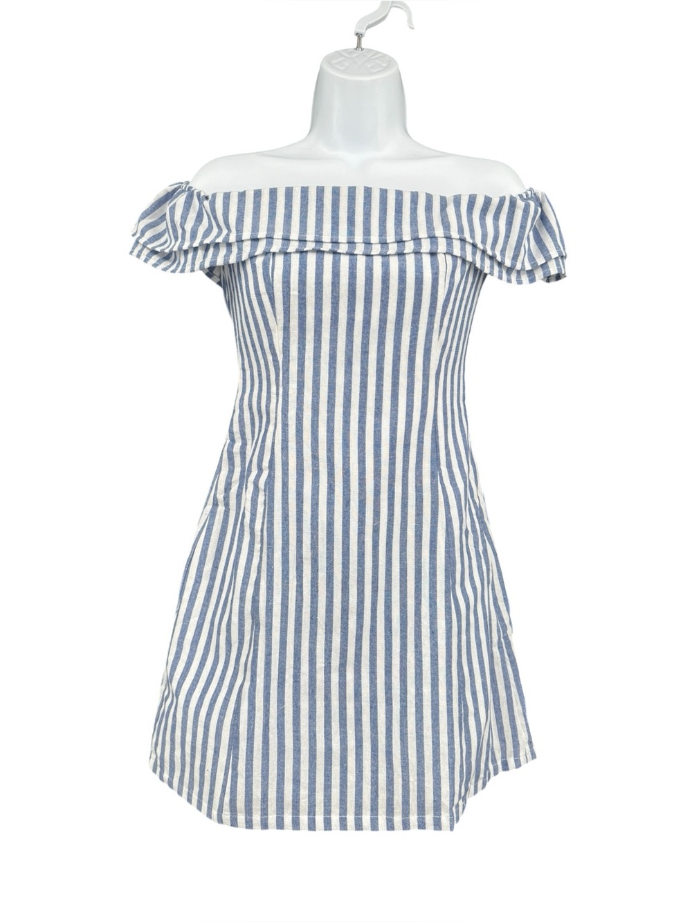 Lulus Seaside Skipper Blue Blue Striped Off-The-Shoulder Cotton Mini Dress Sz XS